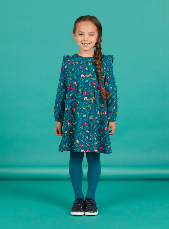 Vestido de color azul pato de twill con estampado floral para niña MATUROB1 / 21W901K2ROB714