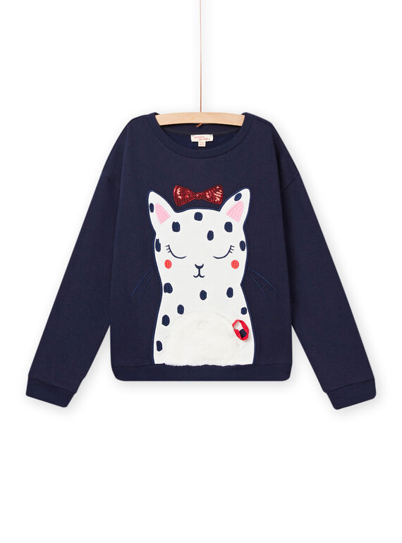 Sudadera polar azul marino con dibujo de gato para niña NALUSWEA2 / 22S901P1SWE070