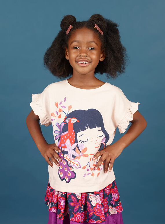 Camiseta de manga corta de color rosa pastel con estampado de niña y pavo real para niña MAPATI2 / 21W901H2TMCD319