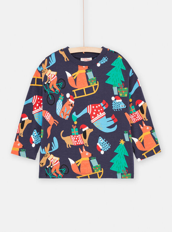 Camiseta azul noche con estampado de Navidad para niño SOWAYTEE / 23W902S1TML705