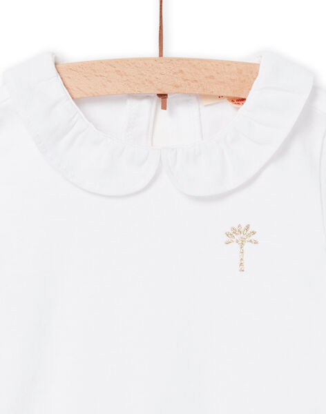 Camiseta blanca con cuello Peter Pan de gasa y estampado de palmera dorada para bebé niña NIJOBRA5 / 22SG09C1BRA000