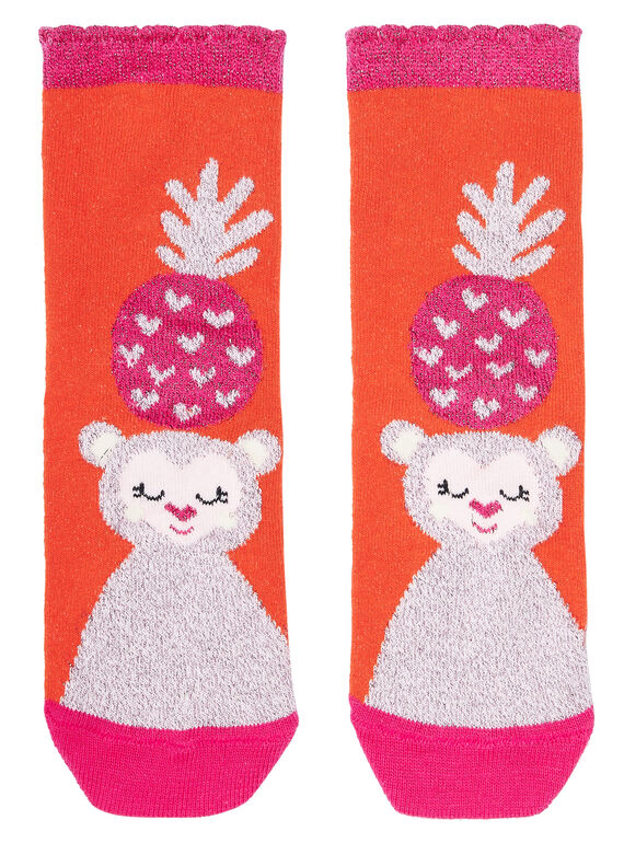Calcetines de color naranja con estampado de mono y detalles de lúrex para niña JYAVICHO / 20SI01D1SOQ406