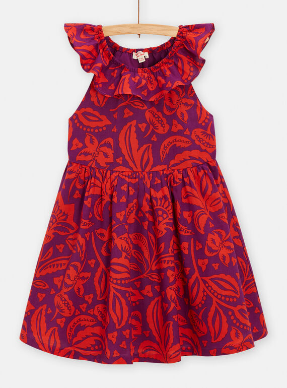 Vestido de color violín y rojo con estampado floral para niña TAMUMROB2 / 24S901R2ROB712