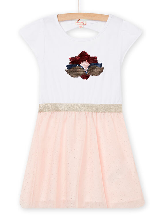 Vestido crudo y rosa con estampado floral con lentejuelas reversibles para niña NASANROB3 / 22S901S2ROB001