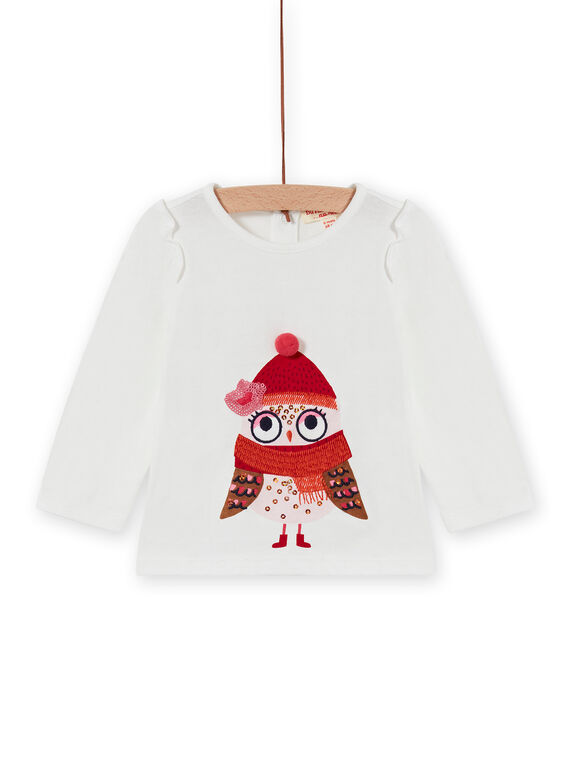 Camiseta de manga larga de color crudo con estampado de búho para bebé niña MIFUNTEE / 21WG09M1TML001