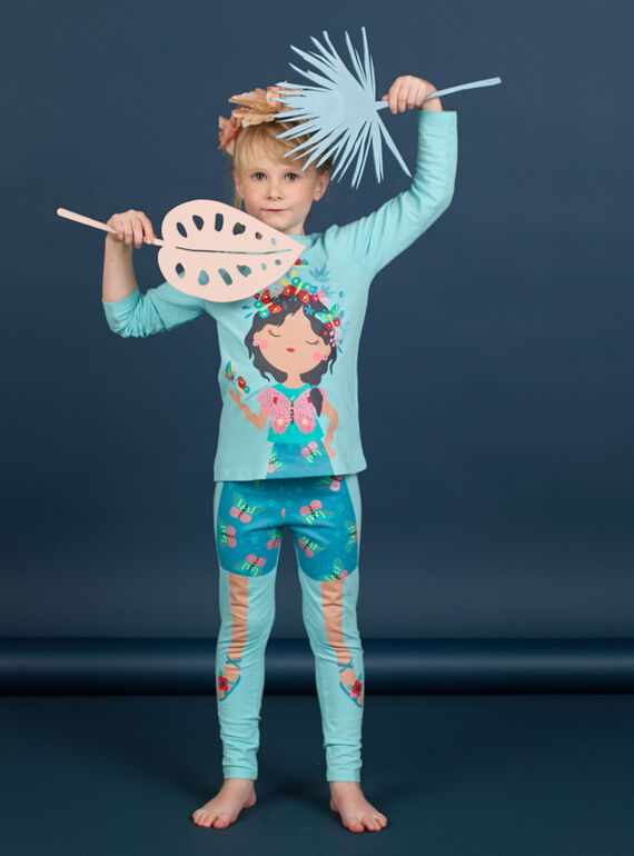 Conjunto de pijama, con camiseta y leggings de color turquesa para niña LEFAPYJBUT / 21SH11S2PYGC215