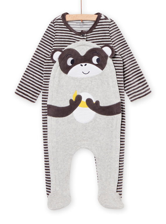 Pelele de terciopelo gris jaspeado de rayas con dibujo de mono para bebé niño NEGAGRESIN / 22SH14G2GREJ920