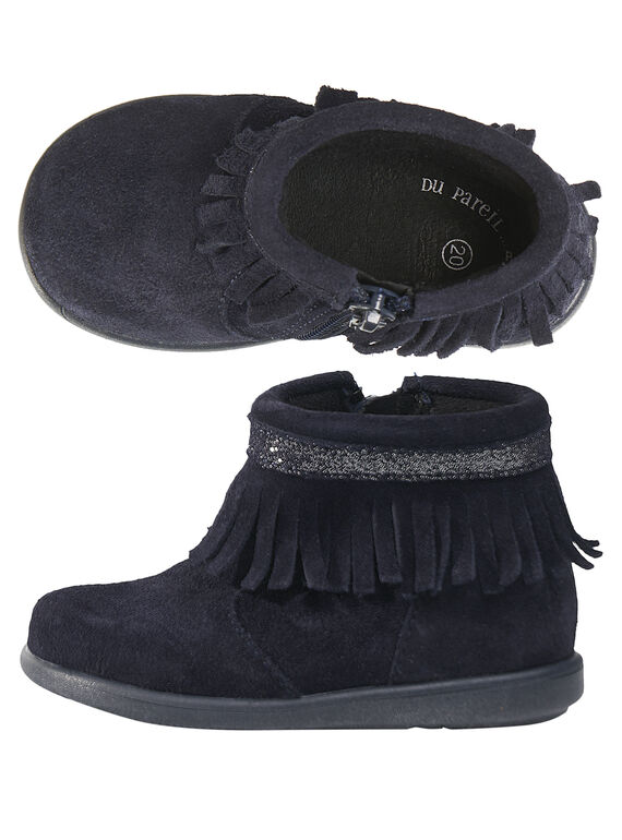 Botas de piel de serraje de color azul marino con flecos para bebé niña GBFBOOTINDM / 19WK37X1D0D070