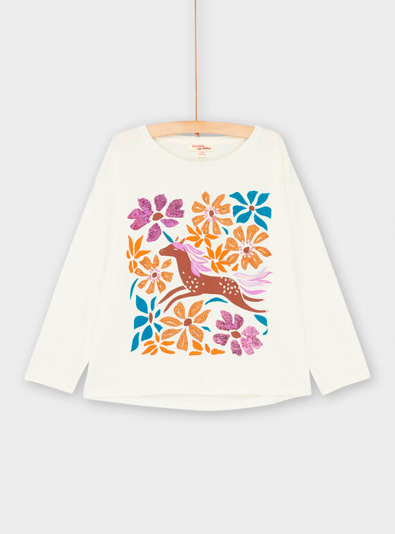 Camiseta de color crudo con estampado de unicornio y flores para niña SAVERTEE1 / 23W901J2TML001
