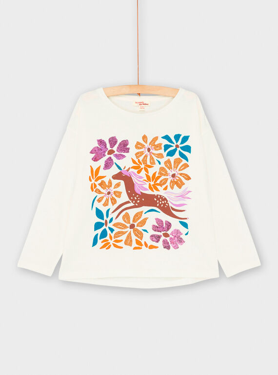 Camiseta de color crudo con estampado de unicornio y flores para niña SAVERTEE1 / 23W901J2TML001