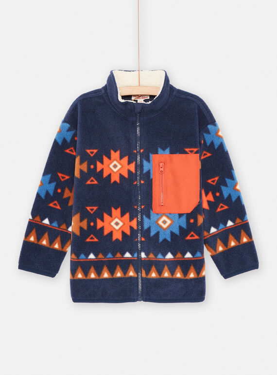 Cárdigan de forro polar azul noche con estampado étnico para niño SOJOGITEK1 / 23W902M2GIL705