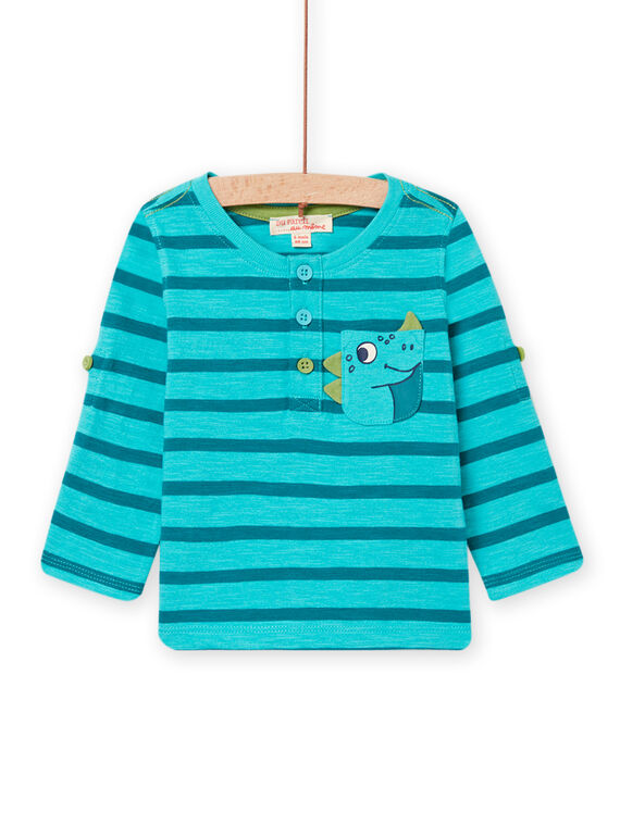 Camiseta de rayas turquesa y estampado de dinosaurio para bebé niño NUJOTUN1 / 22SG1074TML202