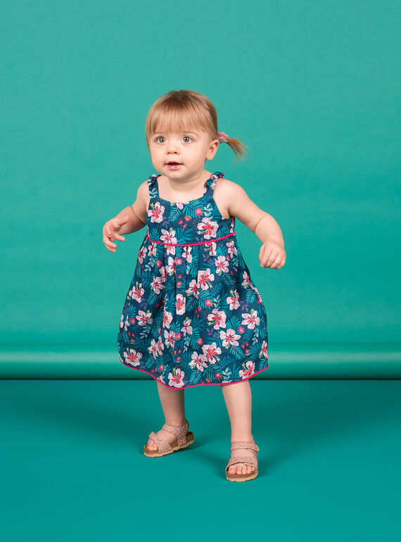 Vestido de color azul petróleo con estampado floral para bebé niña LIBONROB3 / 21SG09W3ROB716