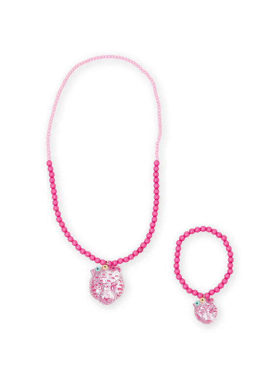 Collar y pulsera con cuentas rosas y colgante de tigre para niña MYAJOCOU2 / 21WI01S2CLI961