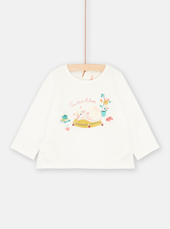 Camiseta de color crudo con estampado de gato dormido para bebé niña SIDUTEE / 23WG09P1TML001