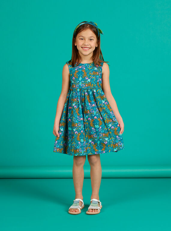 Vestido de color azul pato y amarillo, con estampado de tigre y floral LAVEROB1 / 21S901Q2ROB714