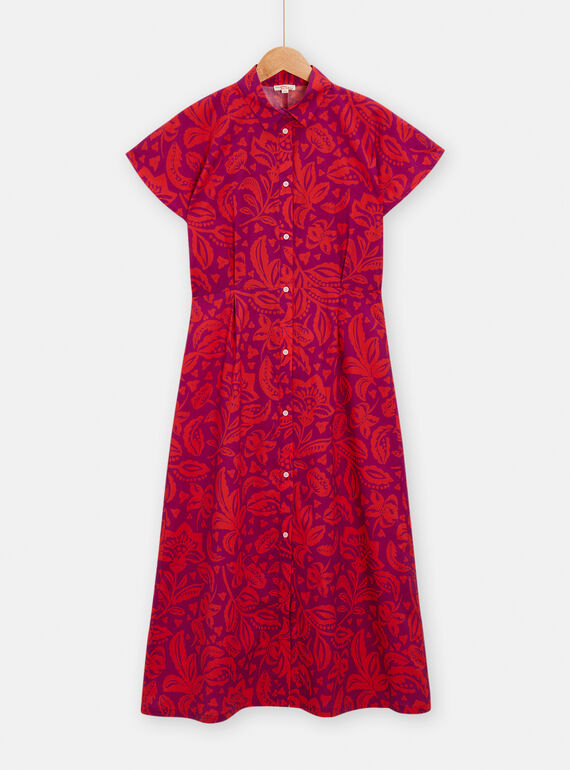Vestido camisero de color violín y rojo con estampado de flores para niña TAMUMROB1 / 24S993R1ROB712