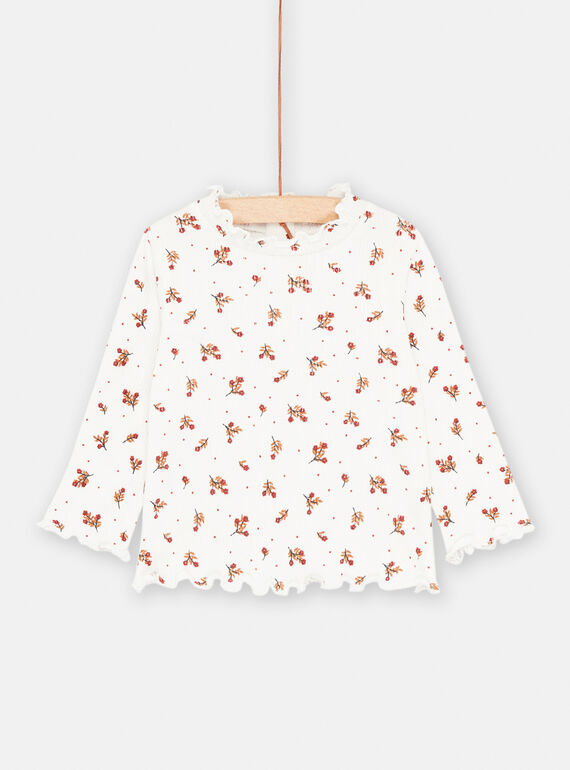 Jersey fino de color crudo con cuello avolantado para bebé niña SIJOSOUPRIB1 / 23WG09N2SPL001