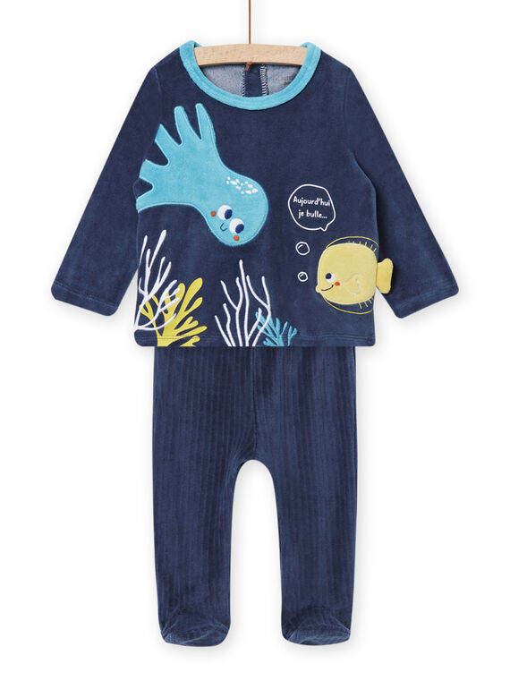 Pijama de terciopelo con camiseta y pantalón azul celeste y estampado de fondo marino para bebé niño NEGAPYJPOI / 22SH14E1PYJC204