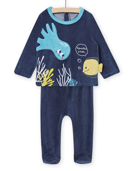 Pijama de terciopelo con camiseta y pantalón azul celeste y estampado de fondo marino para bebé niño NEGAPYJPOI / 22SH14E1PYJC204