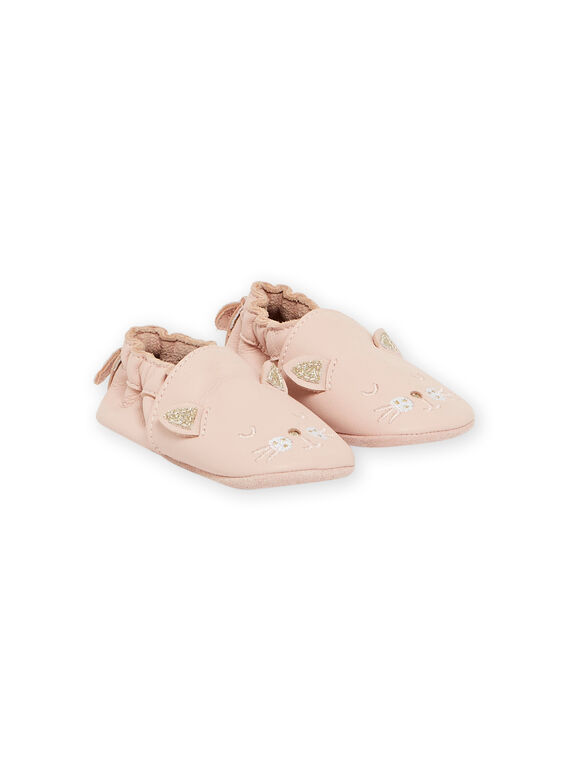 Zapatillas de casa de piel flexible de color rosa con estampado de gato para bebé niña MICHOCHAT / 21XK3721D3S030