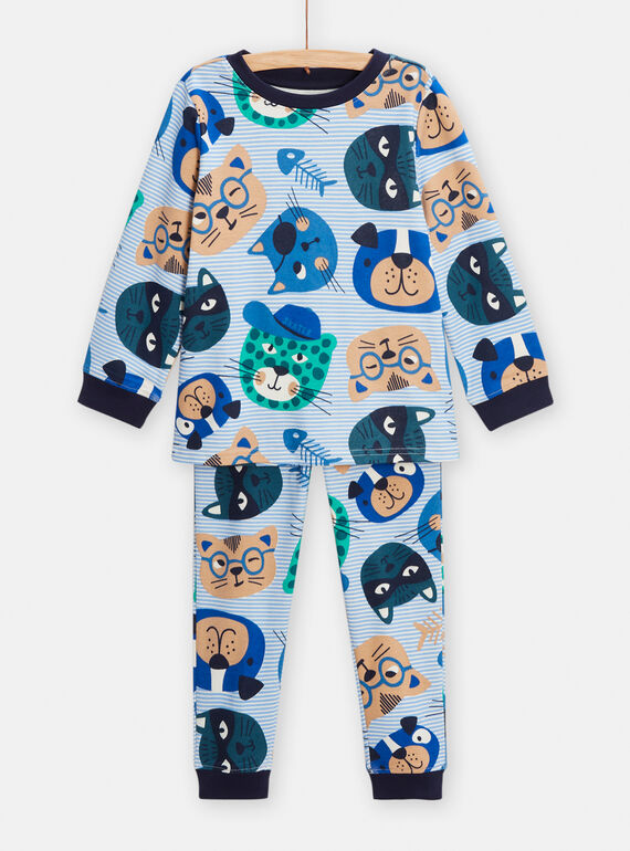 Pijama azul con estampado de perros y gatos y de rayas para niño TEGOPYJTETE / 24SH124BPYJ001
