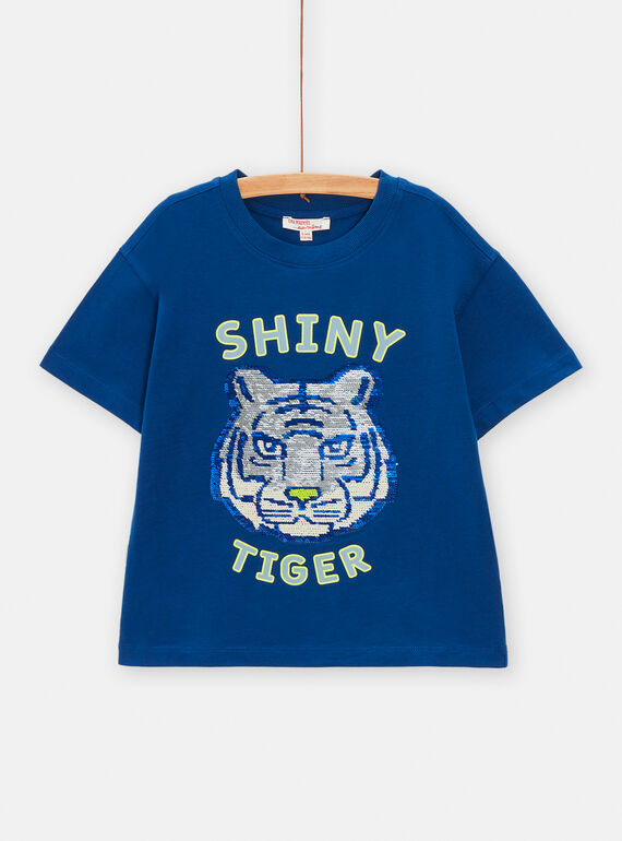 Camiseta azul marino con dibujo de cara de tigre de lentejuelas reversibles para niño TODETI / 24S902J2TMC070