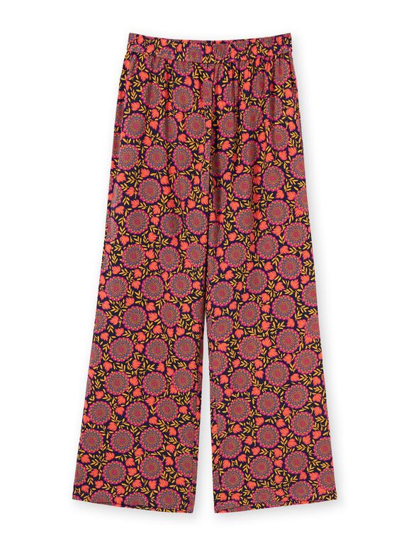 Pantalón fluido de color azul marino y amarillo con estampado floral para mujer LAMUMPANT / 21S993Z1PANC211