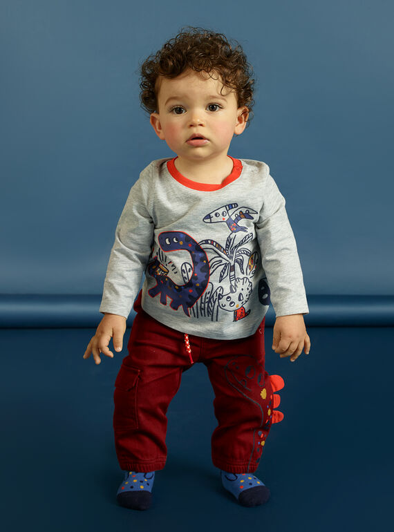 Camiseta de color gris jaspeado de manga larga con estampado de dinosaurios para bebé niño MUPATEE3 / 21WG10H2TML943