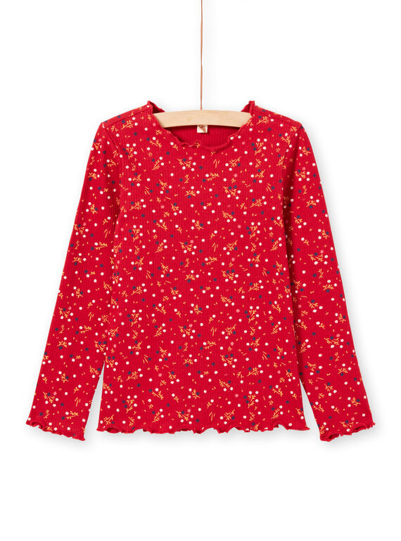 Camiseta de canalé de manga larga de color rojo con estampado floral para niña MAJOUTEE5 / 21W90126TML511