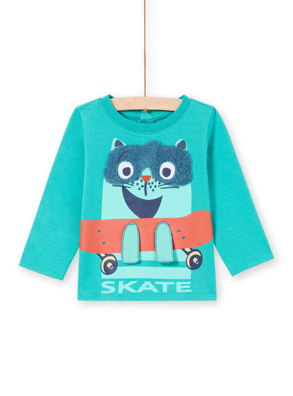 Camiseta de manga larga turquesa con estampado de gato skater para bebé niño MUTUTEE1 / 21WG10K2TMLC217