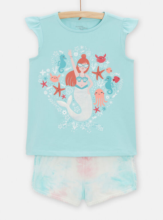 Pijama de color azul y rosa con estampado de sirena y animales marinos para niña TEFAPYJDYE / 24SH1153PYJ210