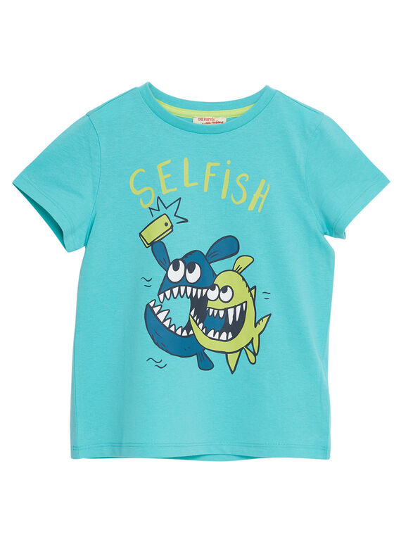 Camiseta de manga corta de color turquesa con estampado de peces para niño JOJOTI7 / 20S902T2D31204