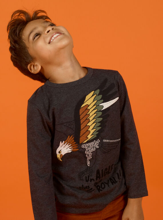 Camiseta de manga larga de color gris jaspeado con estampado de águila para niño MOSAUTEE2 / 21W902P4TML944