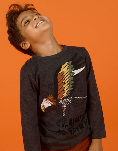 Camiseta de manga larga de color gris jaspeado con estampado de águila para niño MOSAUTEE2 / 21W902P4TML944