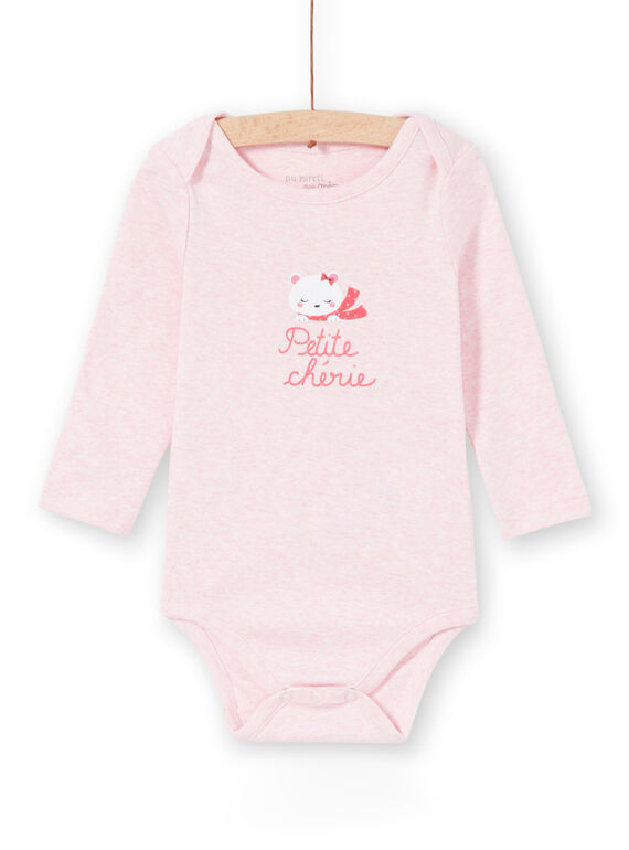 Body de manga larga con color rosa jaspeado con estampado de oso para bebé niña LEFIBODCOU / 21SH132ABDLD314