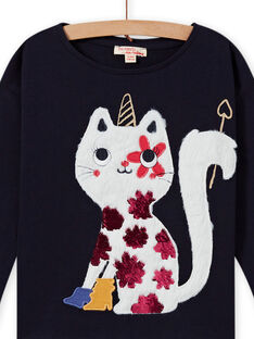 Camiseta de color azul noche con estampado de gato-unicornio para niña MAMIXTEE3 / 21W901J2TMLC205