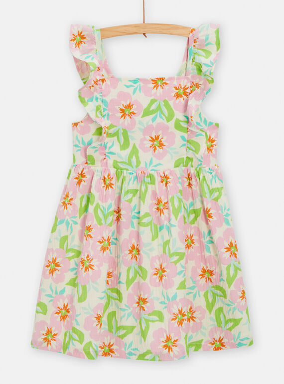 Vestido verde, rosa y crudo con tirantes y estampado de flores para niña TARYROB1 / 24S901U2ROB001