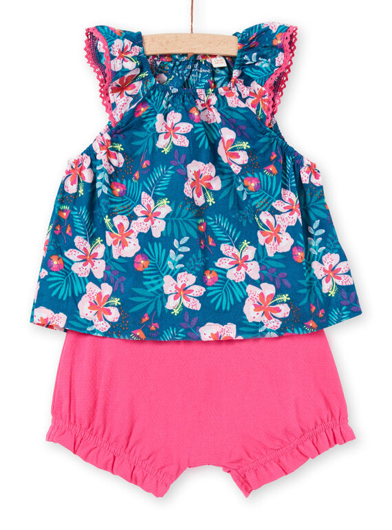 Conjunto de camiseta y short de color azul petróleo y rosa para bebé niña LIBONENS / 21SG09W1ENS716