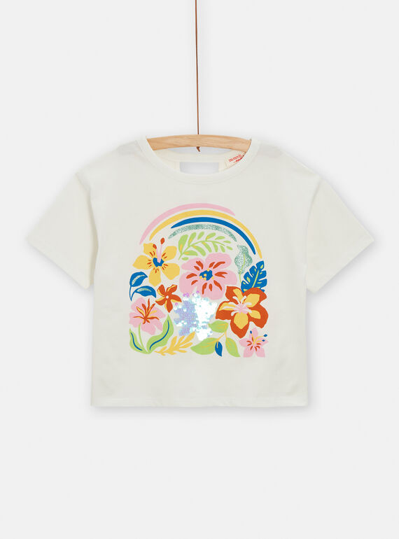 Camiseta de color crudo con dibujo de flor de lentejuelas mágicas para niña TARYTI1 / 24S901U2TMC001