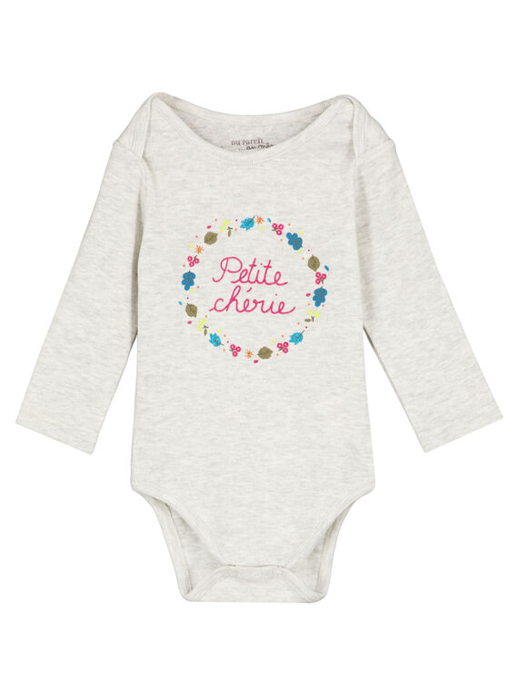Body de manga larga de color gris jaspeado para niña recién nacida GEFIBODNUI / 19WH13N3BDL943
