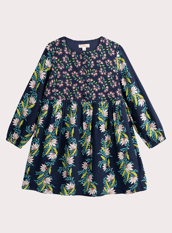 Vestido azul marino estampado estilo patchwork floral para niña  VAKLIROB1 / 24W90142ROB070