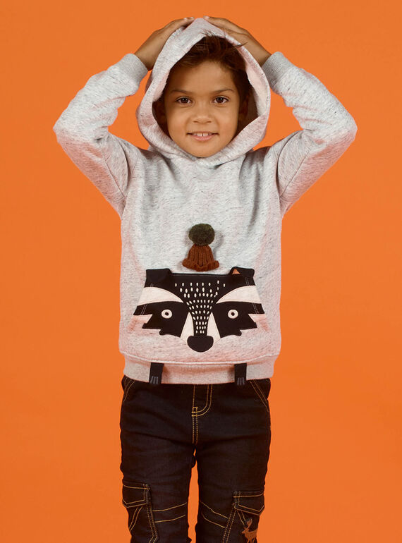 Sudadera con capucha de color gris jaspeado con estampado animal para niño MOSAUSWE / 21W902P1SWEJ922