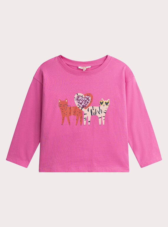 Camiseta rosa animación gatos con lentejuelas para niña  VAROTEE2 / 24W901P2TMLD330