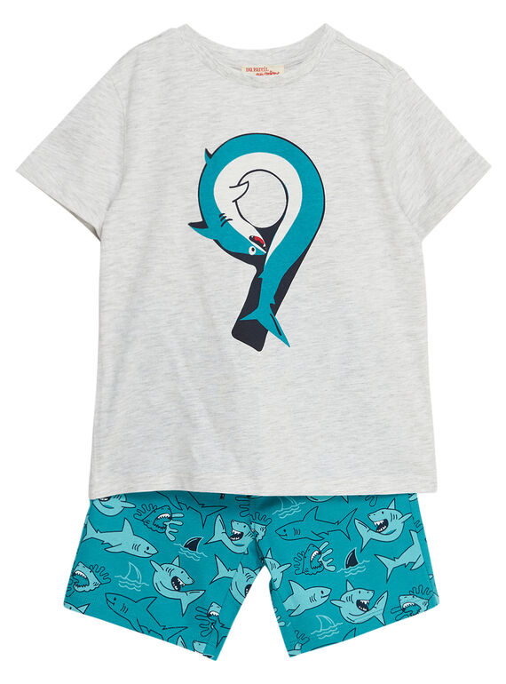 Conjunto de playa de camiseta de color gris jaspeado y bermudas de color turquesa con estampado de tiburón para niño JOPLAENS1 / 20S902X2ENSJ906