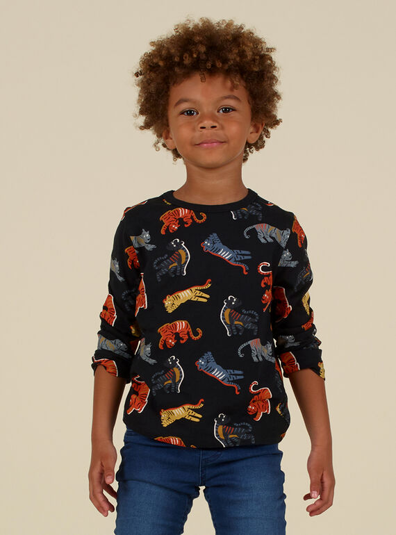 Camiseta negra de manga larga con estampado de tigres para niño MOHITEE3 / 21W902U2TMLJ915