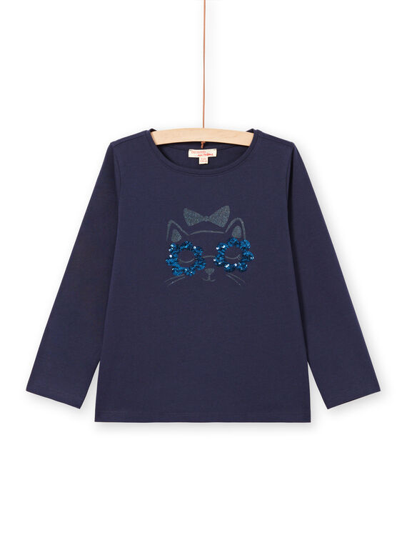 Camiseta de manga larga de color azul noche con estampado de gato para niña MAJOYTEE1 / 21W90113TMLC205