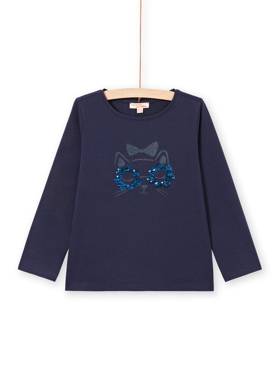 Camiseta de manga larga de color azul noche con estampado de gato para niña MAJOYTEE1 / 21W90113TMLC205