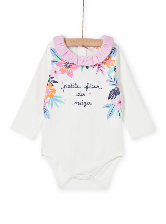 Body de color crudo con cuello avolantado y estampado floral para bebé niña MIPLABOD / 21WG09O1BOD001