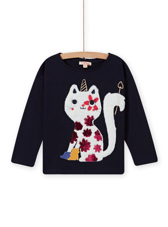 Camiseta de color azul noche con estampado de gato-unicornio para niña MAMIXTEE3 / 21W901J2TMLC205